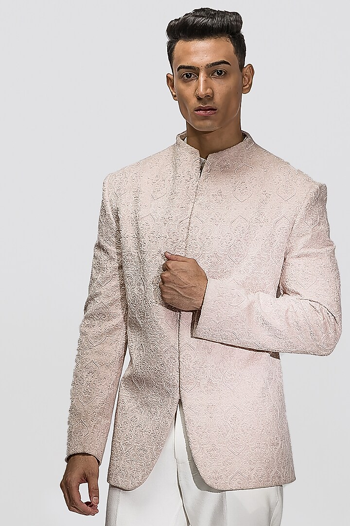 Cream Pink Embroidered Wedding Bandhgala Jacket Set by ASUKA at Pernia's Pop Up Shop