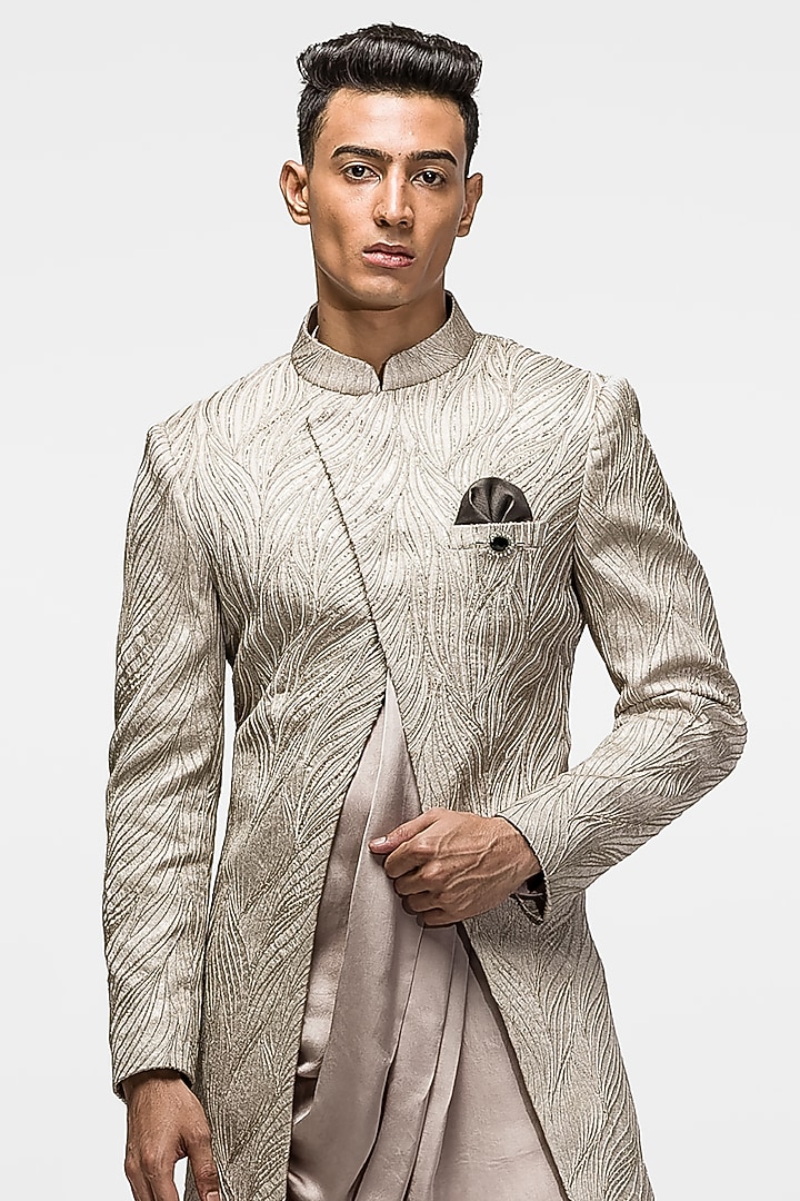 Beige Woven Brocade Sequins Embroidered Angrakha Jacket Set by ASUKA at Pernia's Pop Up Shop