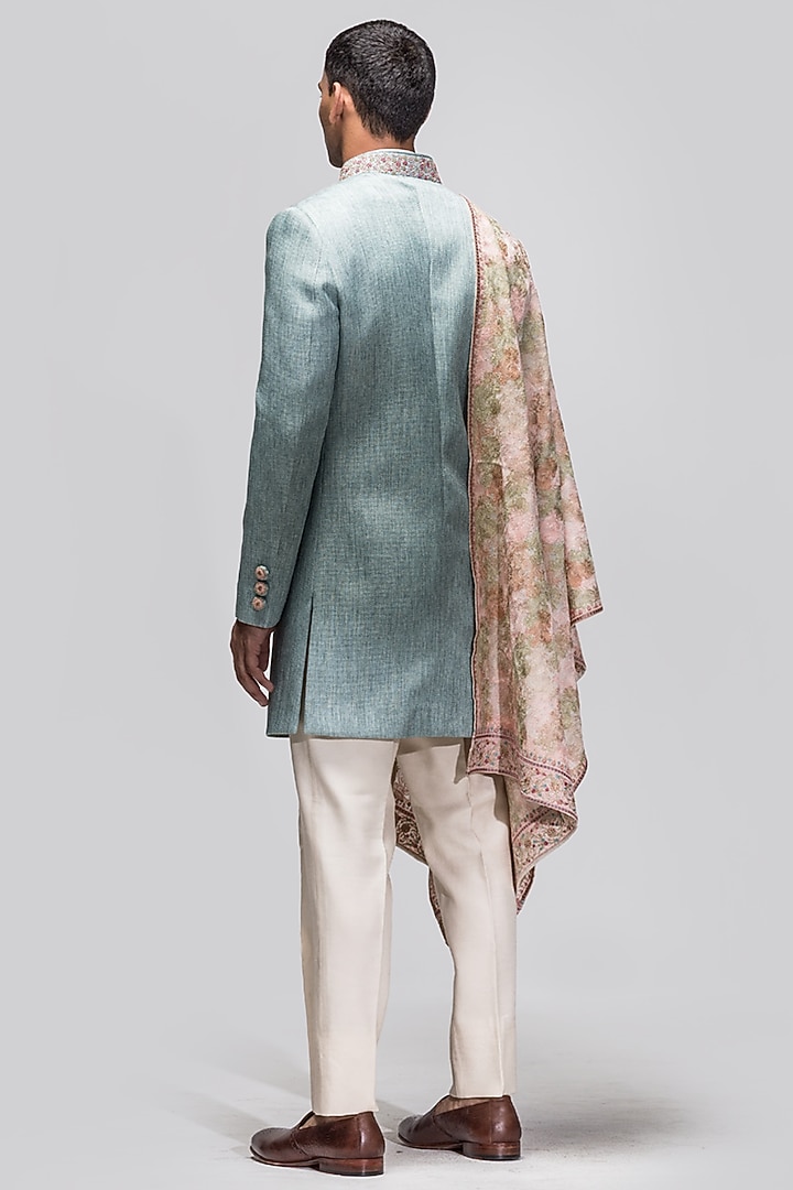 Cyan Blue Embroidered Wedding Indowestern Set by ASUKA at Pernia's Pop Up Shop