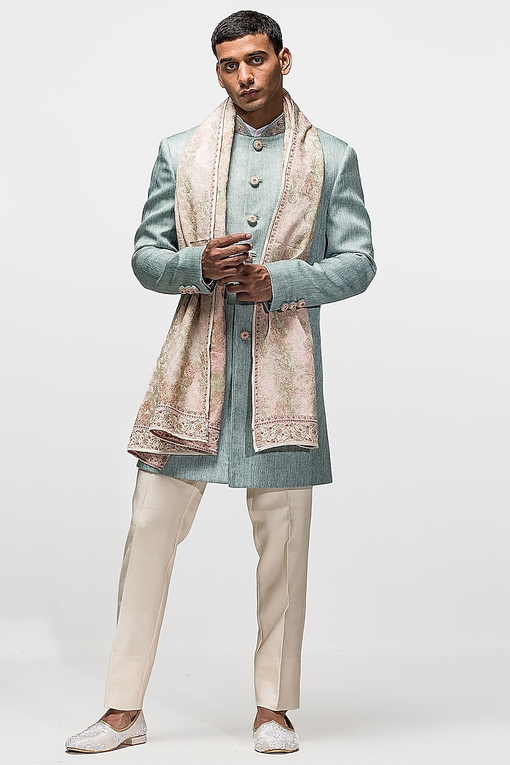 Cyan Blue Embroidered Wedding Indowestern Set by ASUKA at Pernia's Pop Up Shop