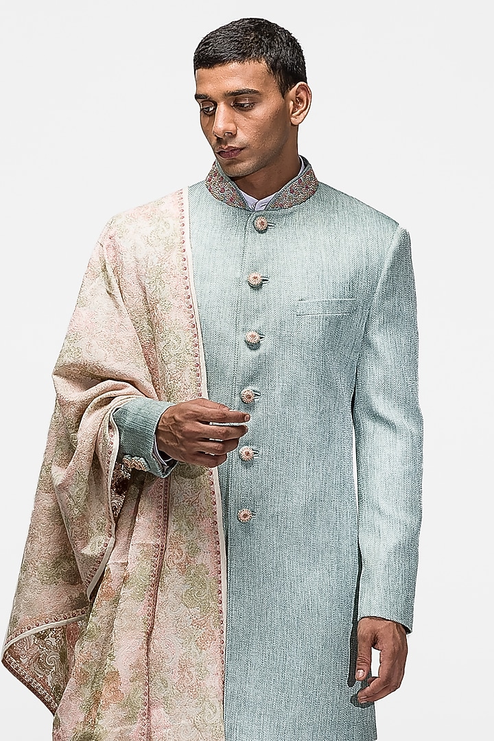 Cyan Blue Embroidered Wedding Indowestern Set by ASUKA at Pernia's Pop Up Shop