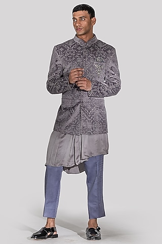 Charcoal Grey Embroidered Indowestern Set by ASUKA