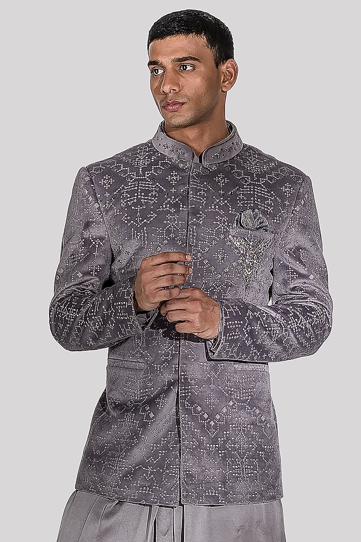 Charcoal Grey Embroidered Wedding Indowestern Set by ASUKA at Pernia's Pop Up Shop