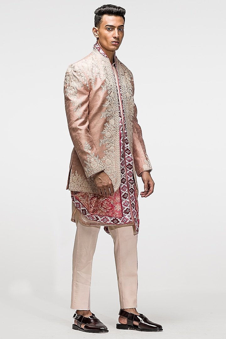 Pink Foil Silk Dori Embroidered Indowestern Set by ASUKA