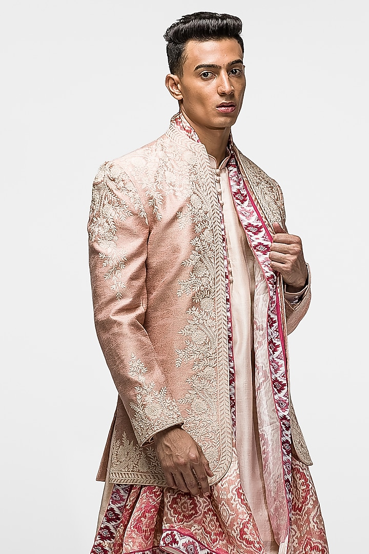 Pink Foil Silk Dori Embroidered Wedding Indowestern Set by ASUKA at Pernia's Pop Up Shop
