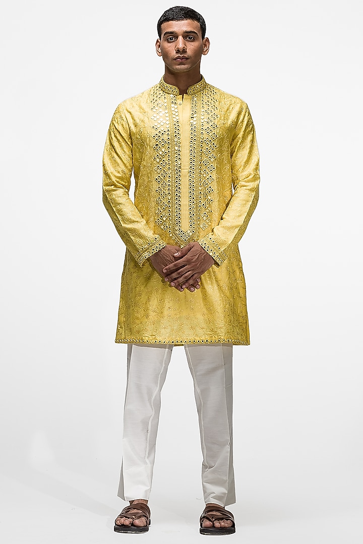 Chandan Yellow Raw Silk Kantha Embroidered Kurta Set by ASUKA at Pernia's Pop Up Shop