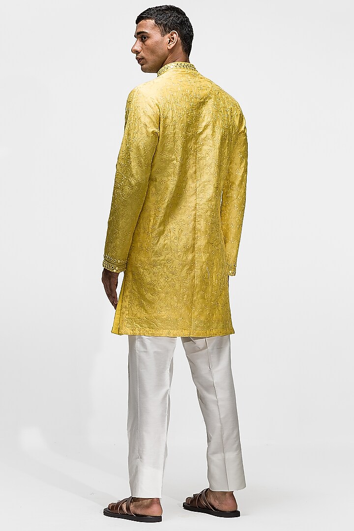 Chandan Yellow Raw Silk Kantha Embroidered Kurta Set by ASUKA at Pernia's Pop Up Shop