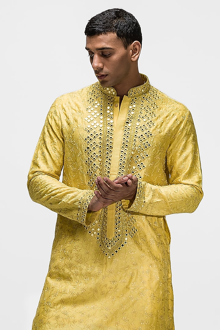 Chandan Yellow Raw Silk Kantha Embroidered Kurta Set by ASUKA at Pernia's Pop Up Shop