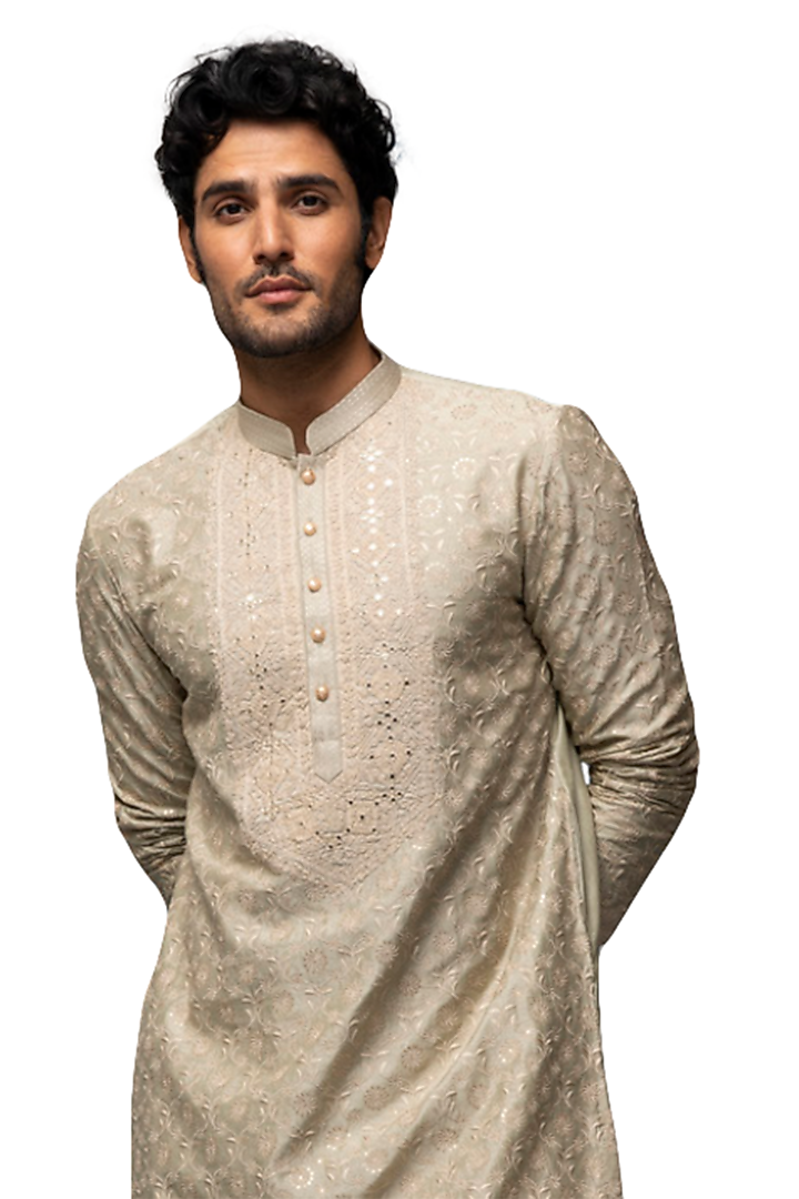 Beige Chanderi Silk Resham Embroidered Kurta Set by ASUKA at Pernia's Pop Up Shop