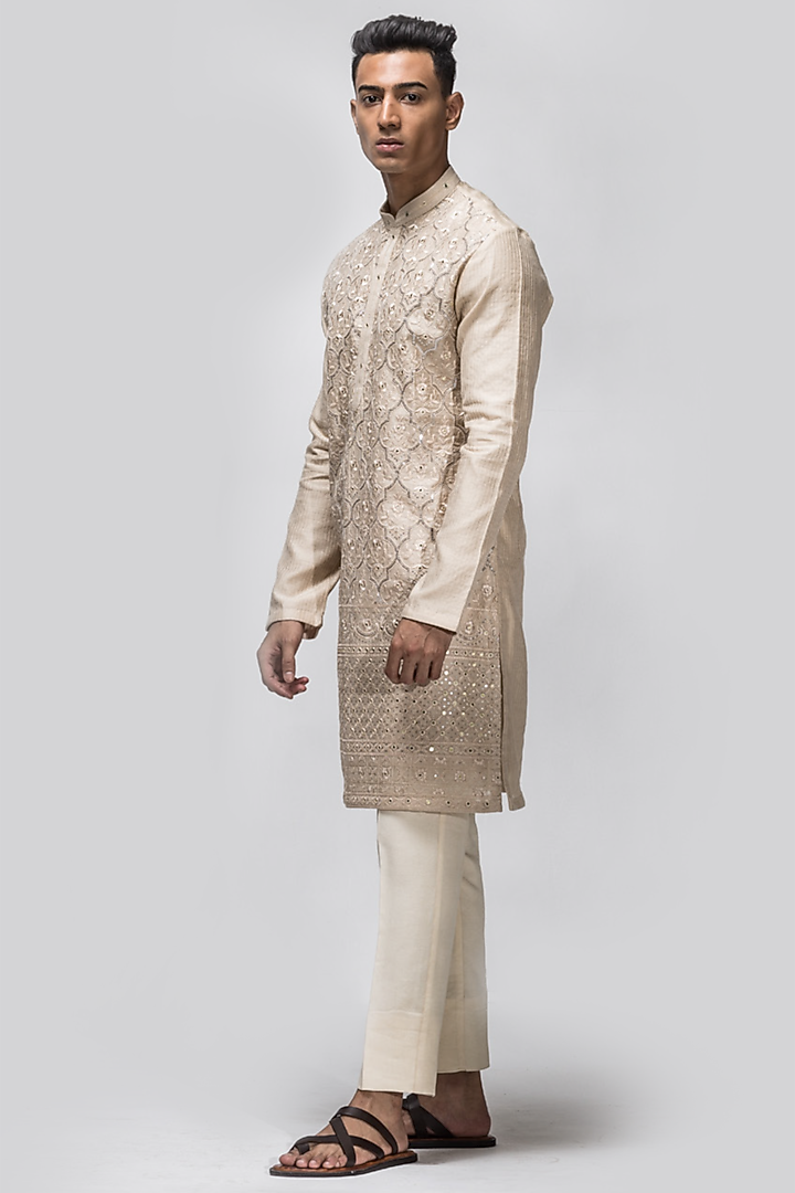 Beige Chanderi Silk Sequins Embroidered Kurta Set by ASUKA at Pernia's Pop Up Shop
