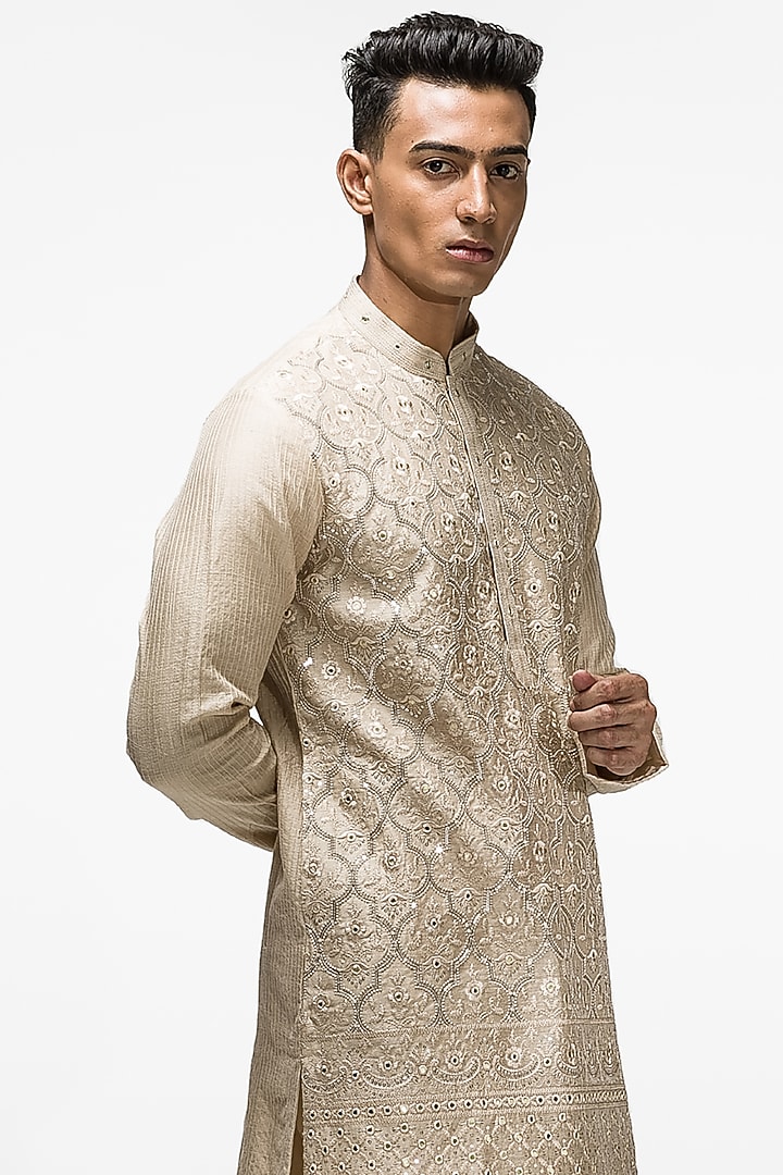 Beige Chanderi Silk Sequins Embroidered Kurta Set by ASUKA at Pernia's Pop Up Shop
