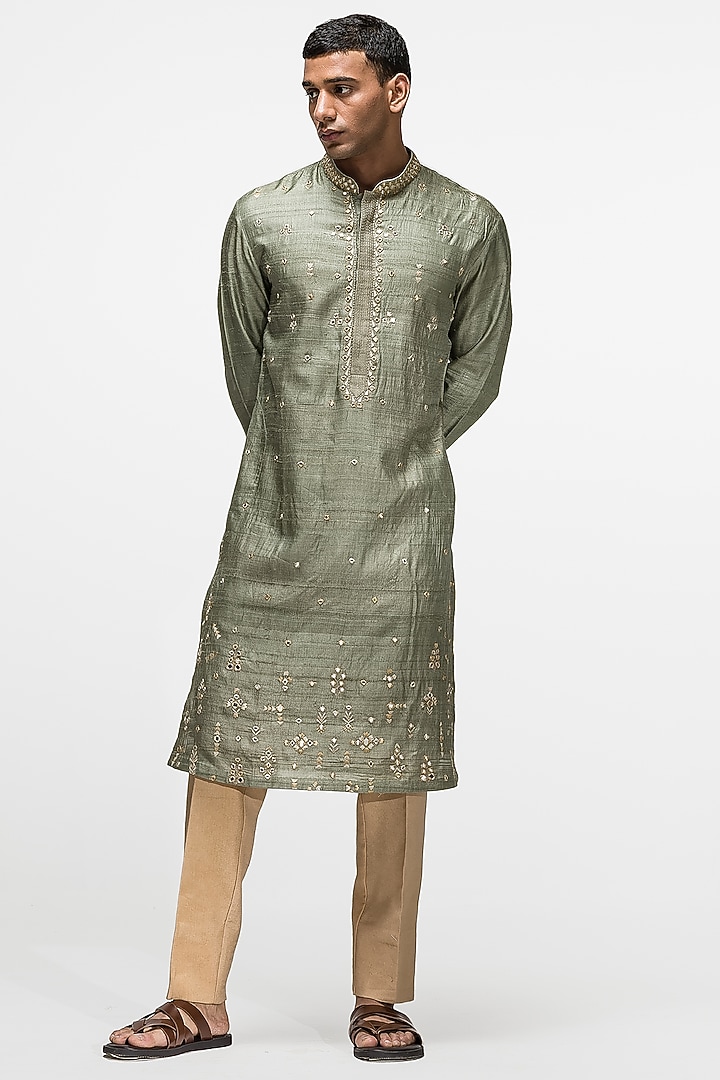 Olive Green Embroidered kurta Set by ASUKA at Pernia's Pop Up Shop