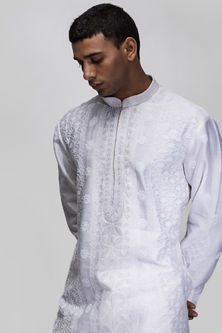Ivory Chanderi Silk Thread Work Kurta Set by ASUKA at Pernia's Pop Up Shop