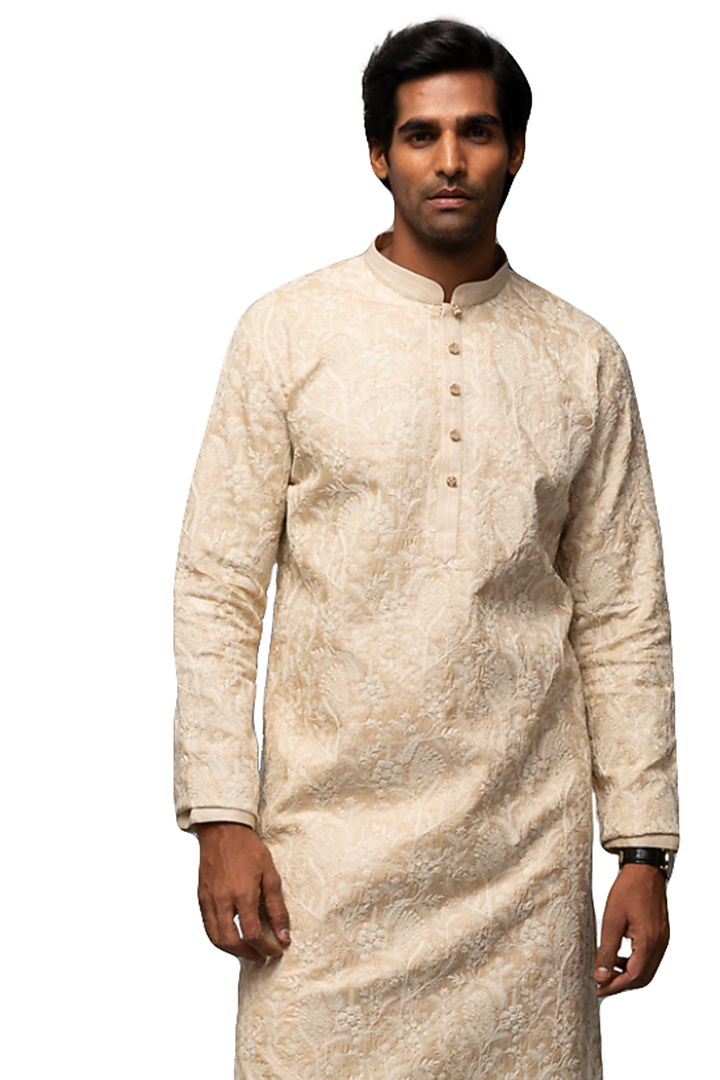 Beige Chanderi Silk Thread Work Kurta Set by ASUKA at Pernia's Pop Up Shop