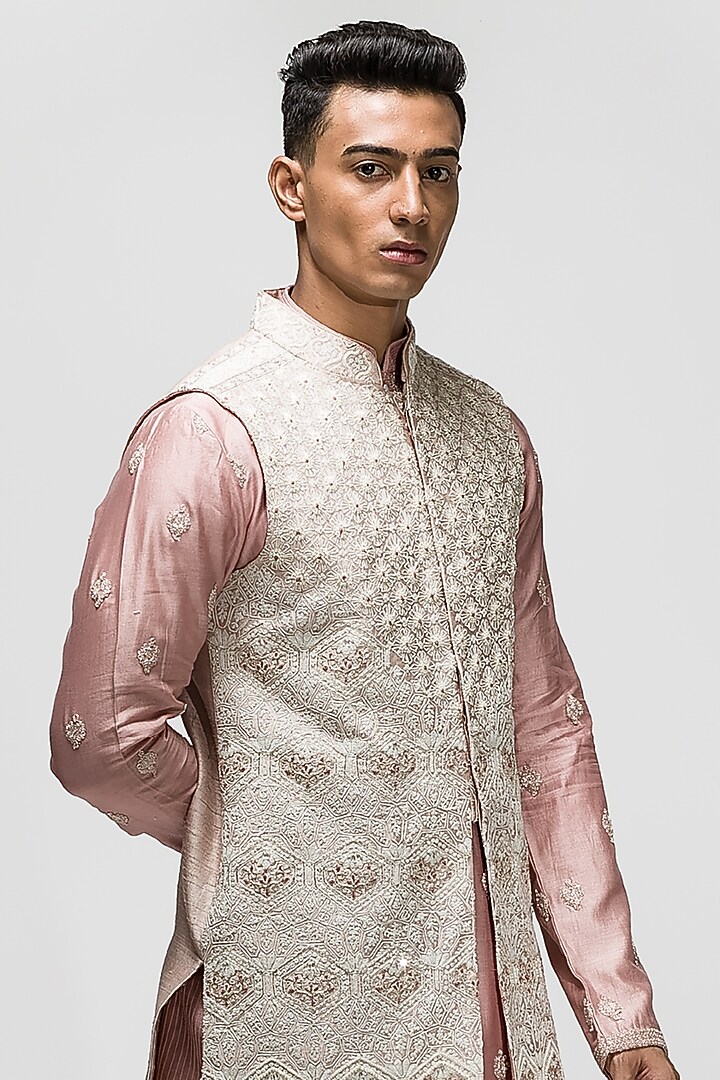 Cream Embroidered Bundi Jacket With Kurta Set by ASUKA at Pernia's Pop Up Shop