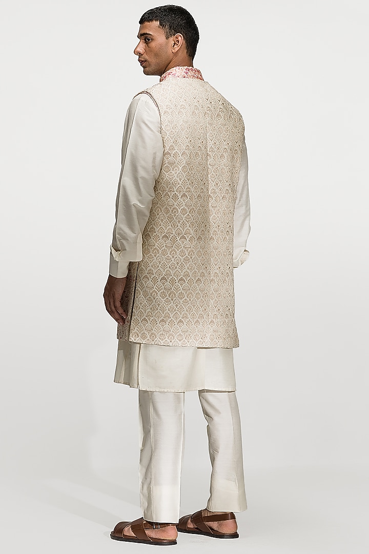 Beige Embroidered Chanderi Silk Wedding Indowestern Set by ASUKA at Pernia's Pop Up Shop