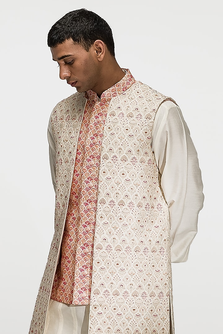 Beige Embroidered Chanderi Silk Wedding Indowestern Set by ASUKA at Pernia's Pop Up Shop