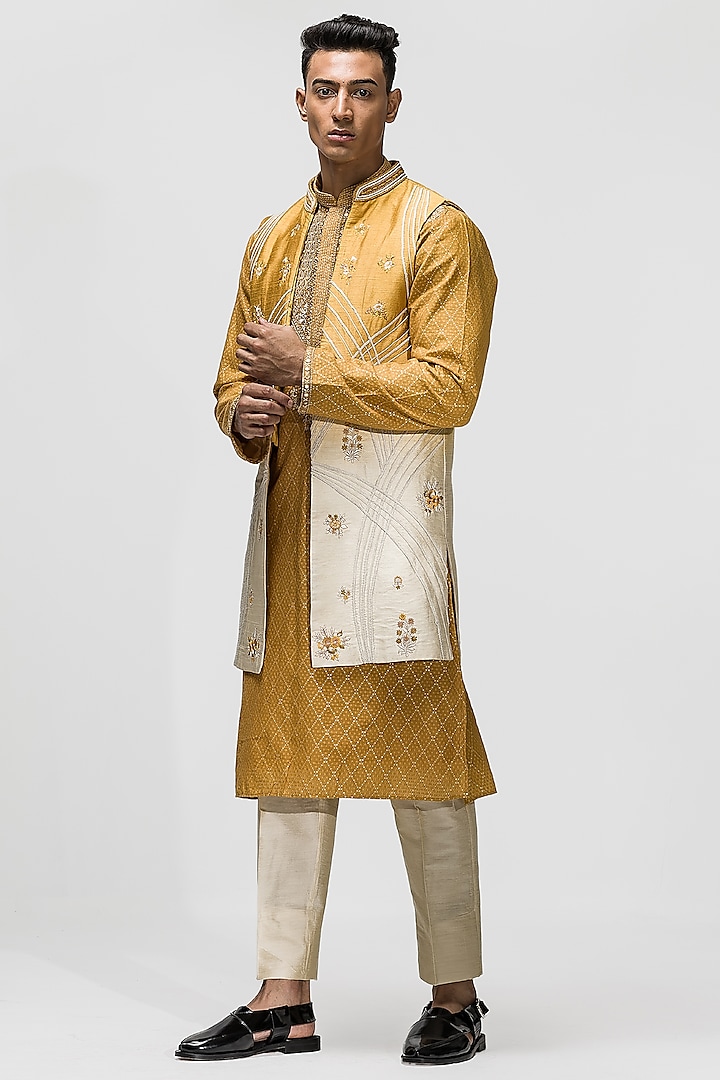Yellow Ombre Raw Silk Embroidered Indowestern Set by ASUKA