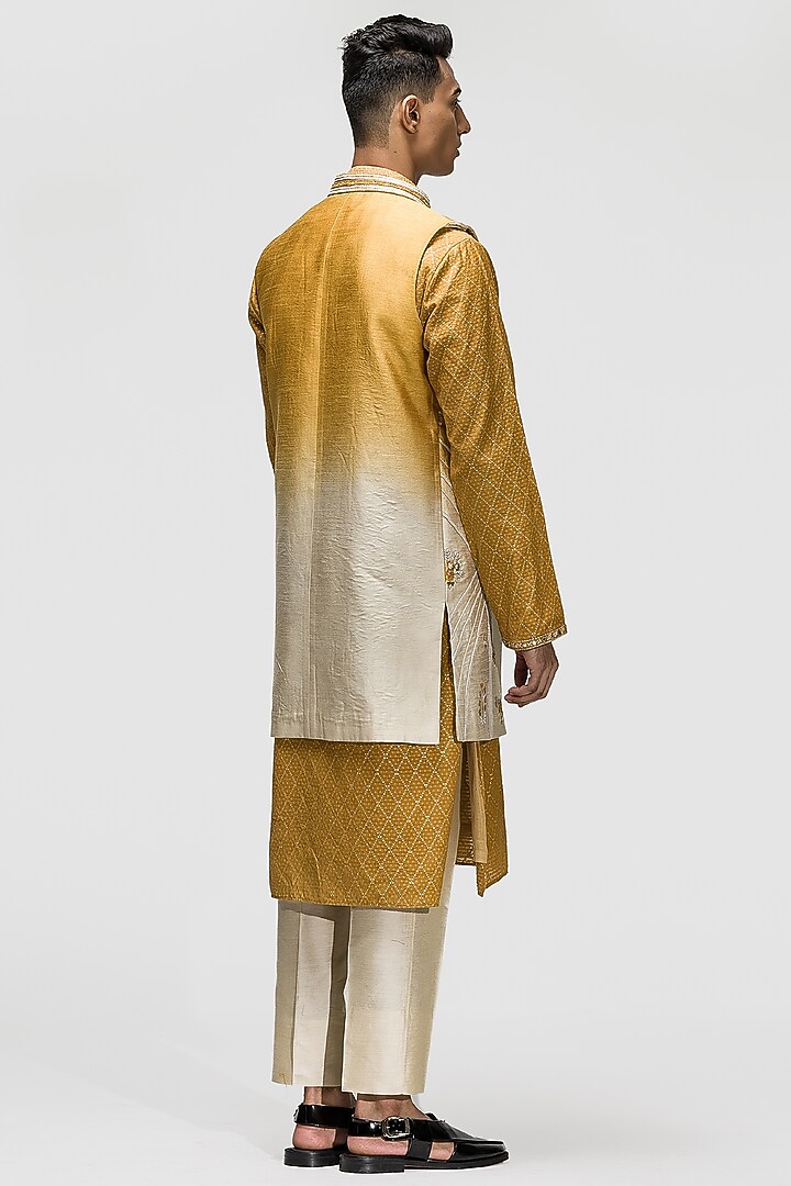 Yellow Ombre Raw Silk Embroidered Wedding Indowestern Set by ASUKA at Pernia's Pop Up Shop