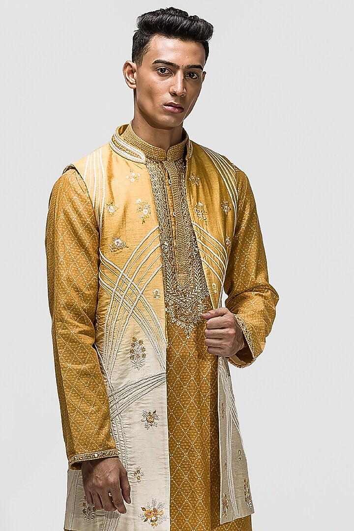 Yellow Ombre Raw Silk Embroidered Wedding Indowestern Set by ASUKA at Pernia's Pop Up Shop
