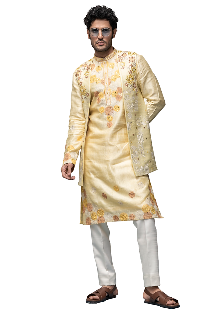 Yellow Raw Silk Embroidered Wedding Indowestern Set by ASUKA at Pernia's Pop Up Shop