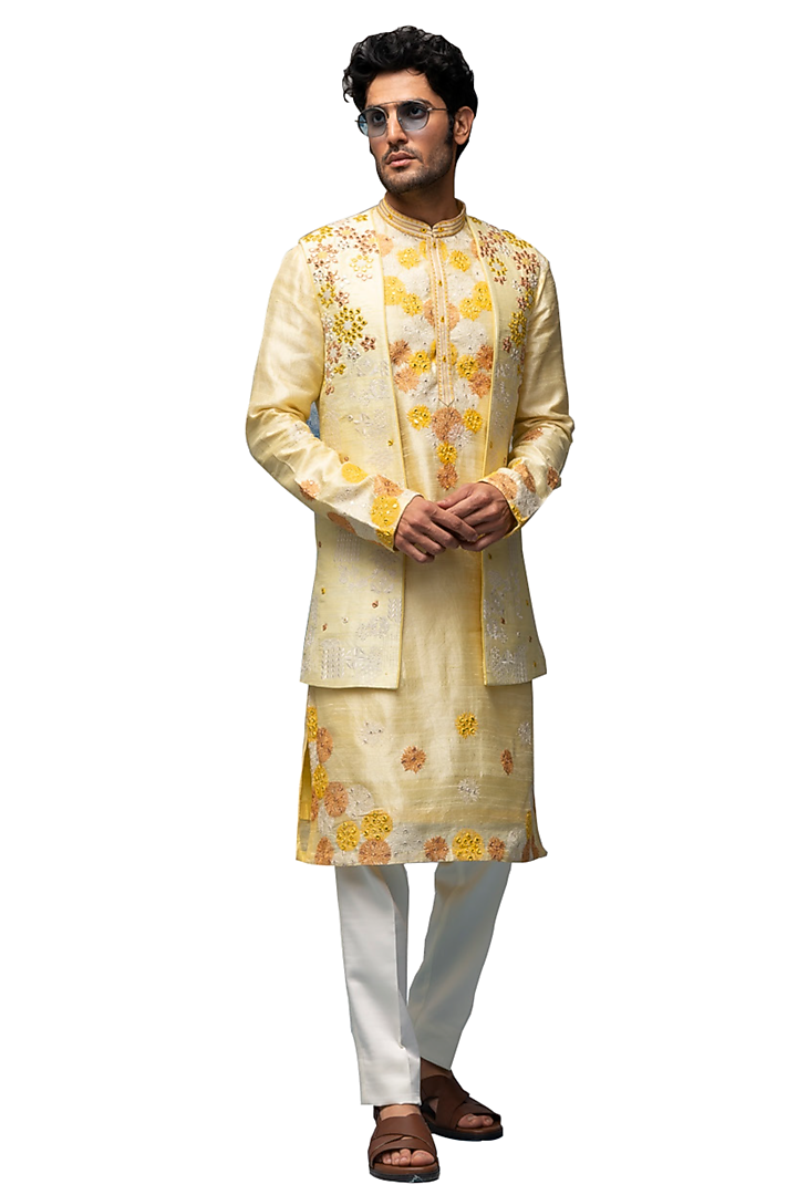 Yellow Raw Silk Embroidered Wedding Indowestern Set by ASUKA at Pernia's Pop Up Shop