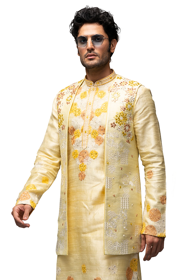 Yellow Raw Silk Embroidered Wedding Indowestern Set by ASUKA at Pernia's Pop Up Shop