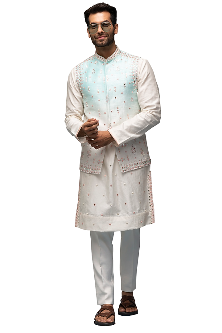Porcelain White & Sky Blue Ombre Raw Silk Mirror Embroidered Bundi Jacket Set by ASUKA at Pernia's Pop Up Shop