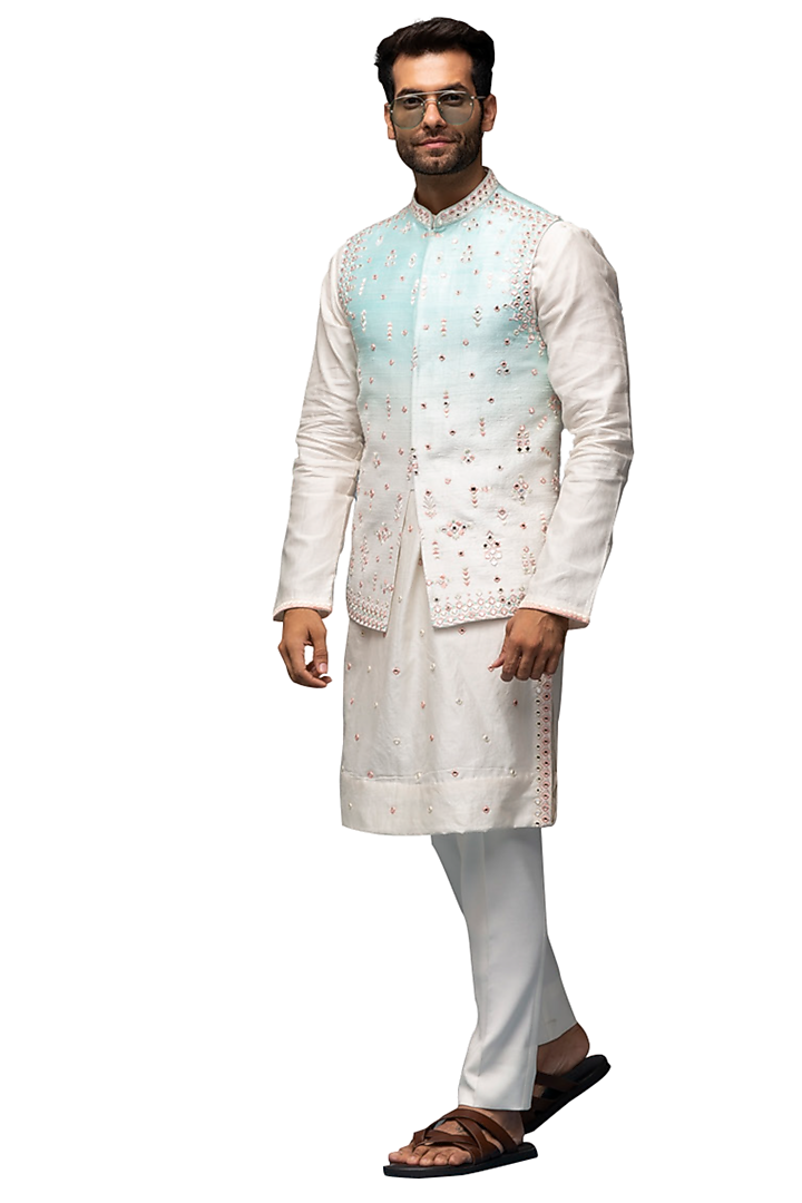 Porcelain White & Sky Blue Ombre Raw Silk Mirror Embroidered Bundi Jacket Set by ASUKA at Pernia's Pop Up Shop
