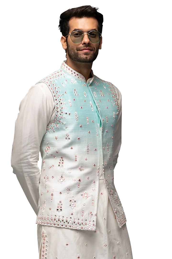 Porcelain White & Sky Blue Ombre Raw Silk Mirror Embroidered Bundi Jacket Set by ASUKA at Pernia's Pop Up Shop