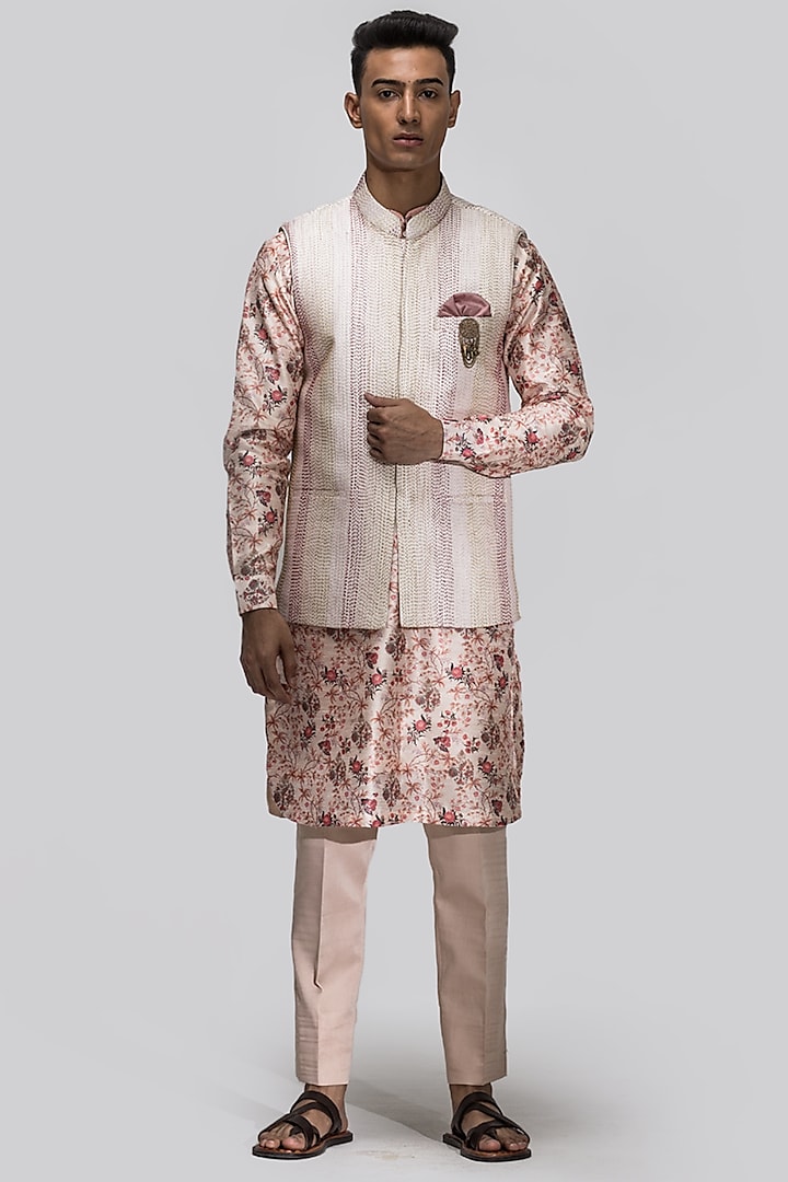 Beige Embroidered Bundi Jacket With Printed Kurta Set by ASUKA