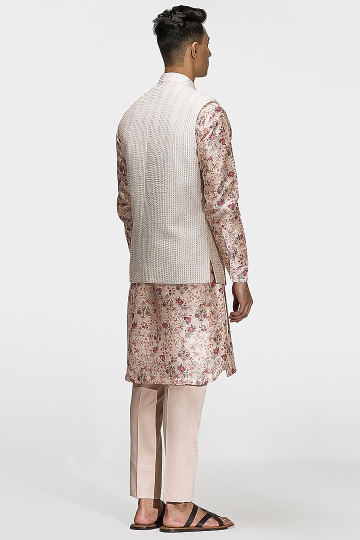 Beige Embroidered Bundi Jacket With Printed Kurta Set by ASUKA at Pernia's Pop Up Shop