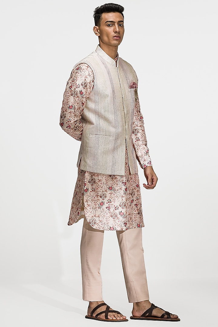 Beige Embroidered Bundi Jacket With Printed Kurta Set by ASUKA at Pernia's Pop Up Shop