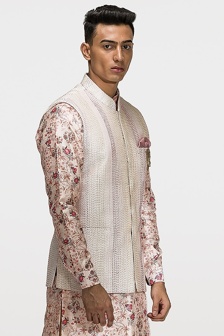 Beige Embroidered Bundi Jacket With Printed Kurta Set by ASUKA at Pernia's Pop Up Shop