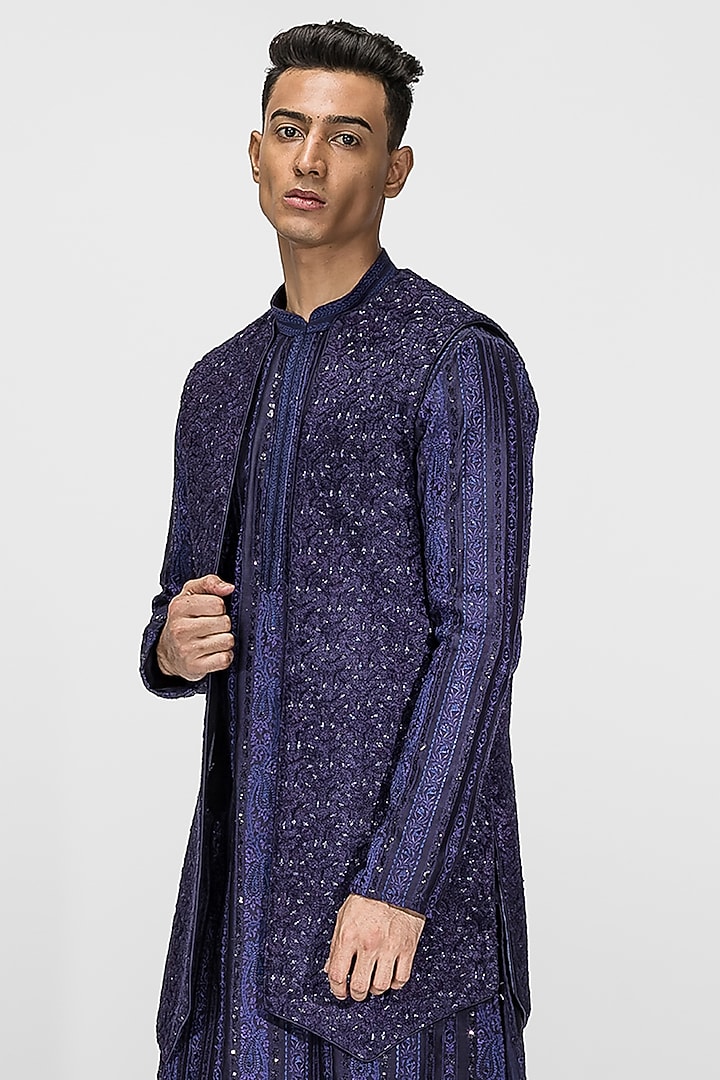 Purple Embroidered Wedding Indowestern Set by ASUKA at Pernia's Pop Up Shop