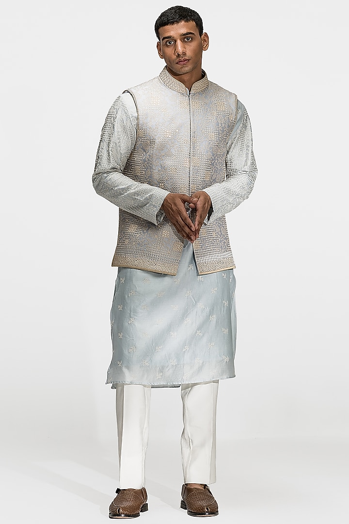 Ice BLue Chanderi Silk Thread Embroidered Bundi Jacket Set by ASUKA at Pernia's Pop Up Shop
