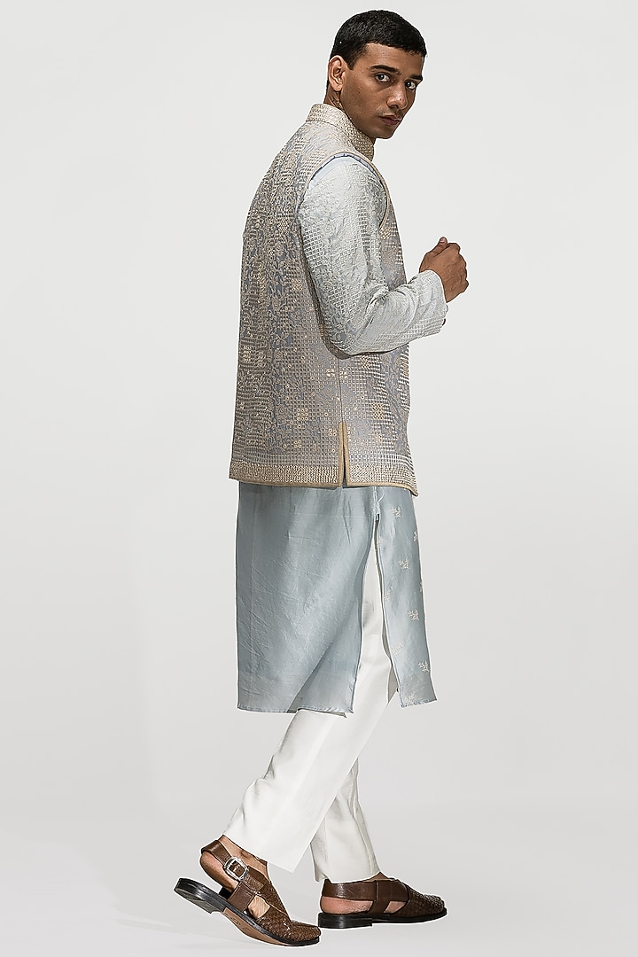 Ice BLue Chanderi Silk Thread Embroidered Bundi Jacket Set by ASUKA at Pernia's Pop Up Shop