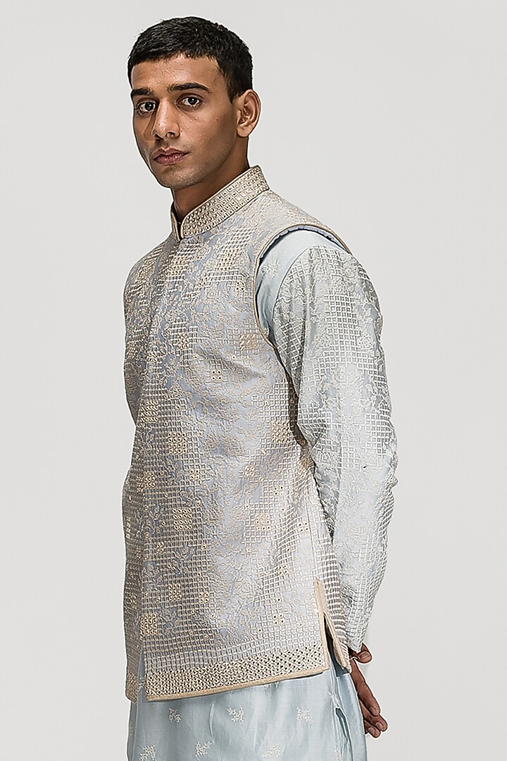Ice BLue Chanderi Silk Thread Embroidered Bundi Jacket Set by ASUKA at Pernia's Pop Up Shop