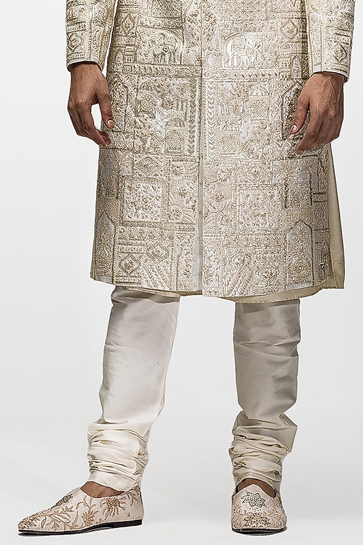 Beige Raw Silk Thread Hand Embroidered Groom Sherwani Set by ASUKA at Pernia's Pop Up Shop
