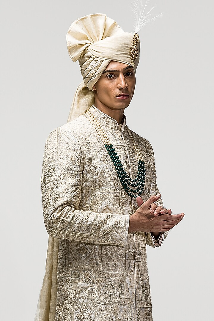 Beige Raw Silk Thread Hand Embroidered Groom Sherwani Set by ASUKA at Pernia's Pop Up Shop