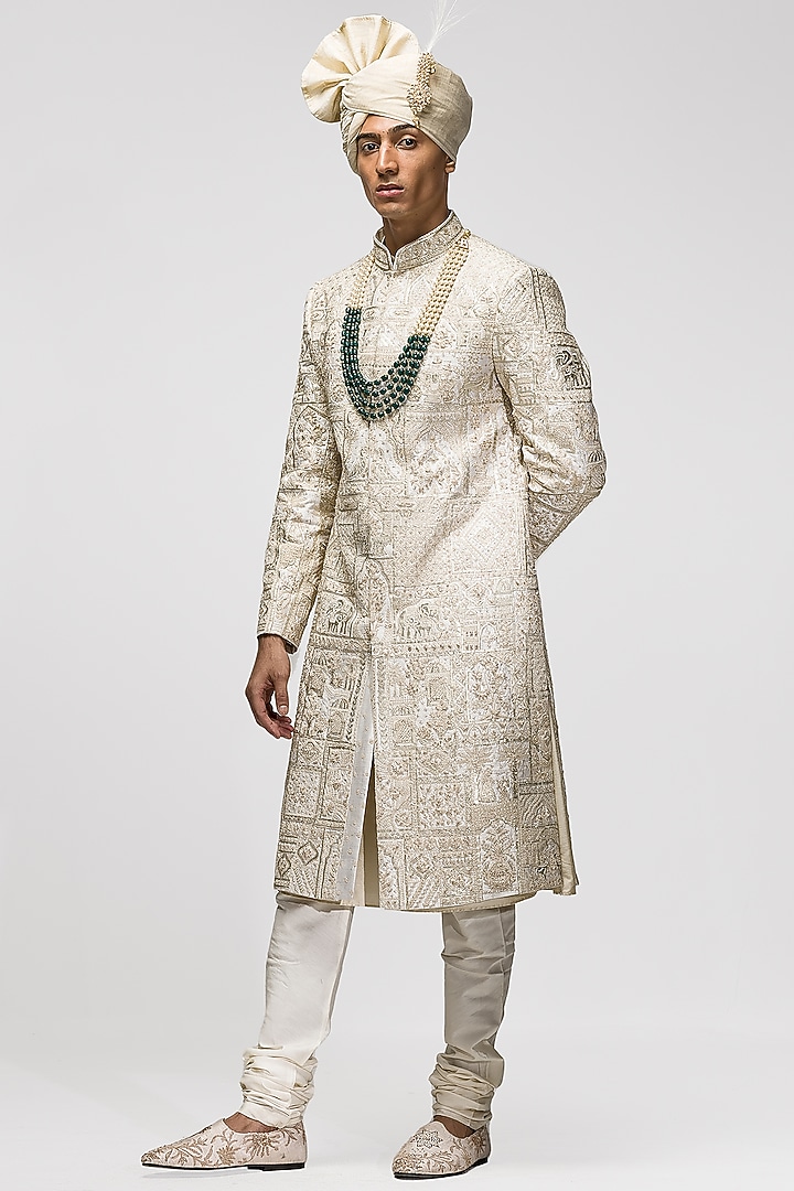 Beige Raw Silk Thread Hand Embroidered Groom Sherwani Set by ASUKA at Pernia's Pop Up Shop