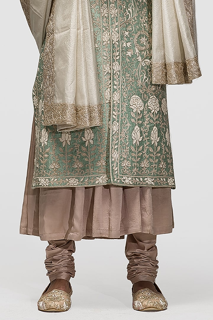 Sage Green Raw Silk Floral Motif Embroidered Groom Sherwani Set by ASUKA at Pernia's Pop Up Shop
