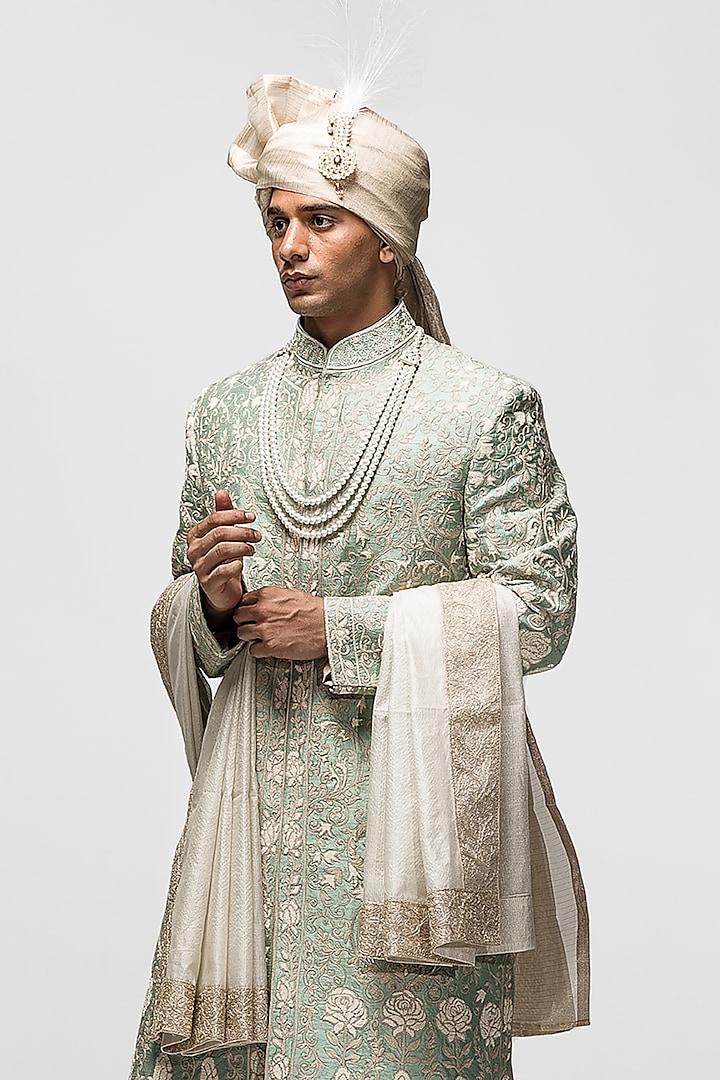 Sage Green Raw Silk Floral Motif Embroidered Groom Sherwani Set by
