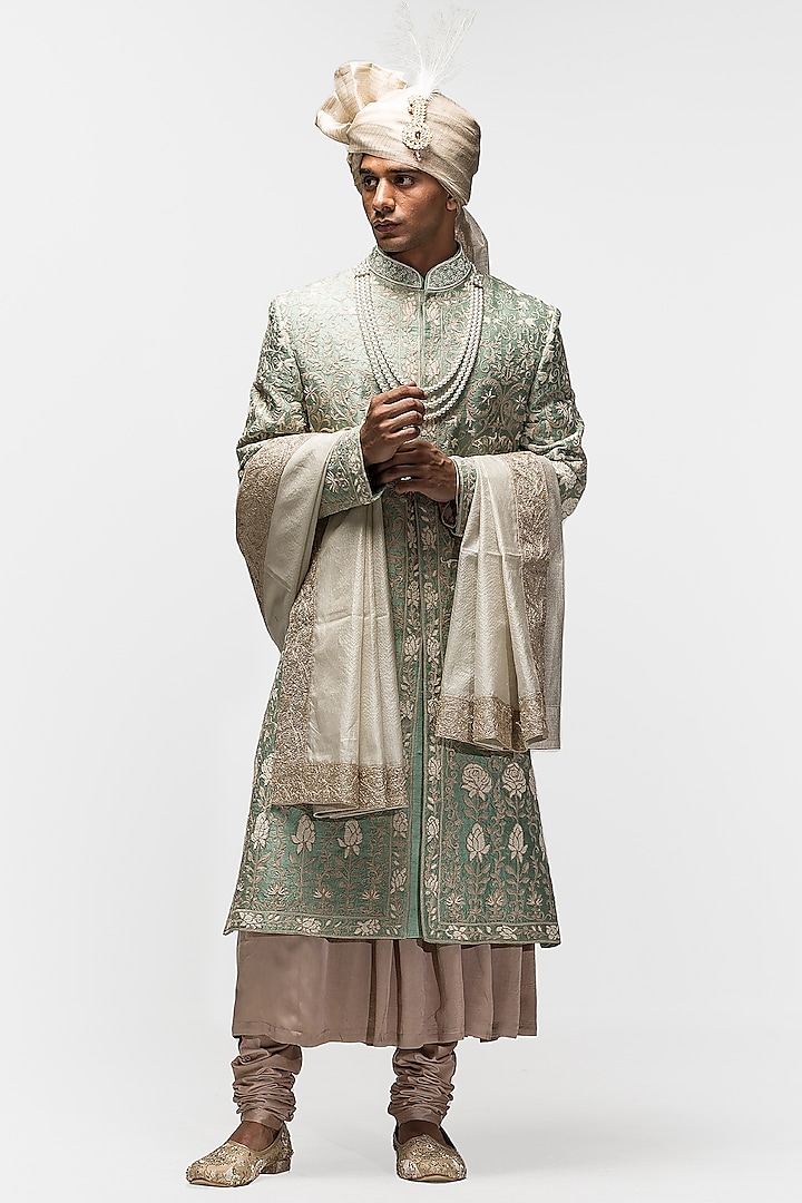 Sage Green Raw Silk Floral Motif Embroidered Groom Sherwani Set by ASUKA at Pernia's Pop Up Shop