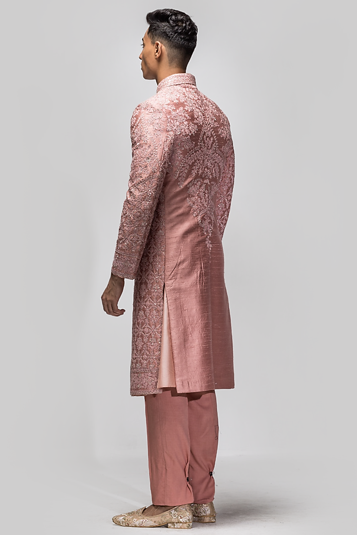 Dusty Rose Raw Silk Sequins & Dori Embroidered Groom Sherwani Set by ASUKA at Pernia's Pop Up Shop