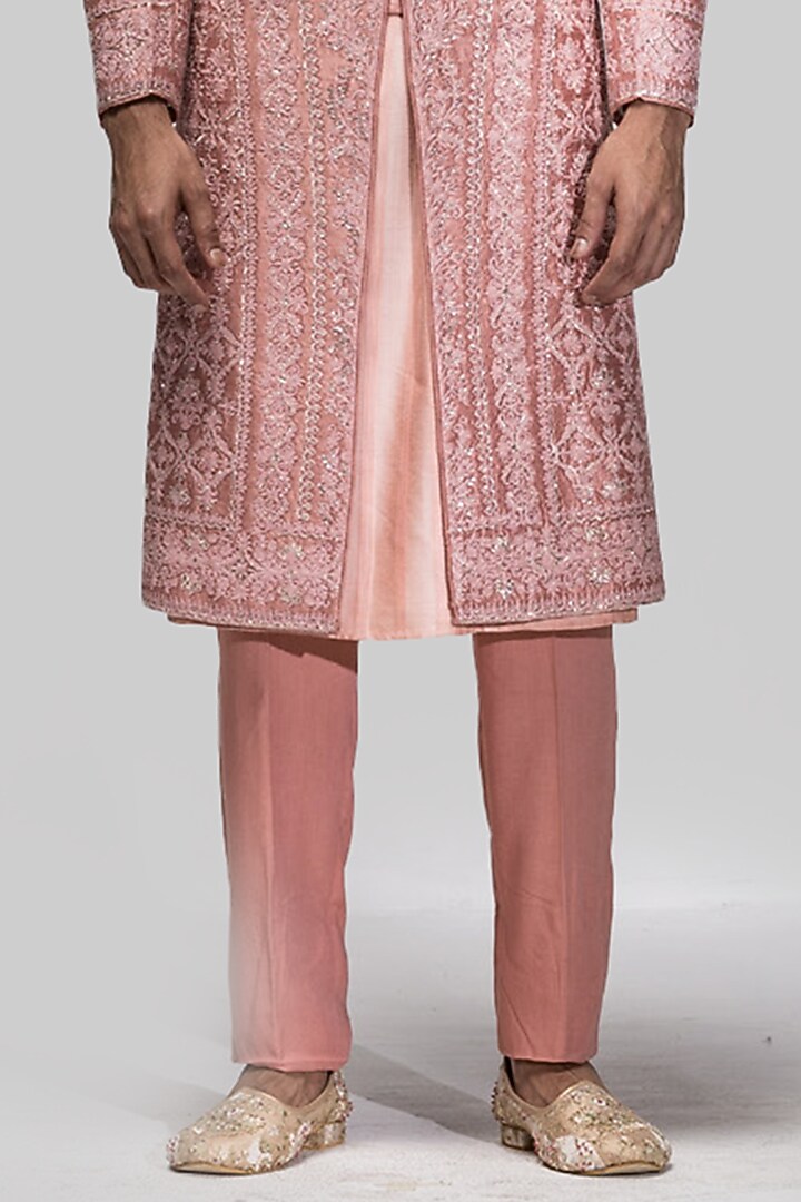 Dusty Rose Raw Silk Sequins & Dori Embroidered Groom Sherwani Set by ASUKA at Pernia's Pop Up Shop