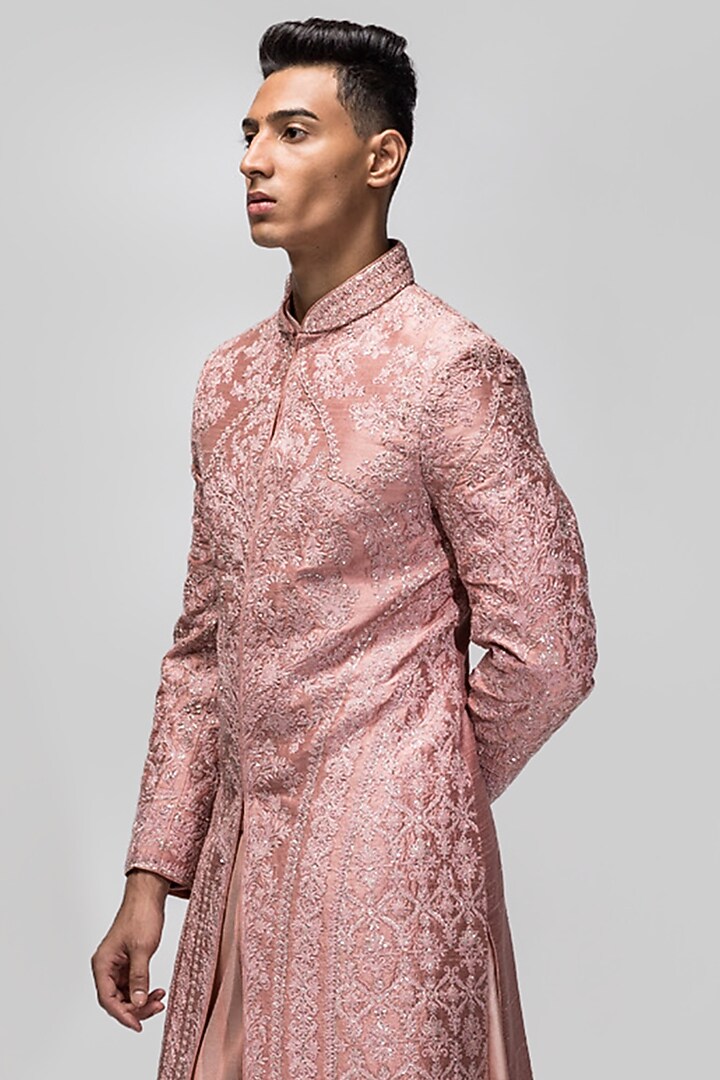 Dusty Rose Raw Silk Sequins & Dori Embroidered Groom Sherwani Set by ASUKA at Pernia's Pop Up Shop