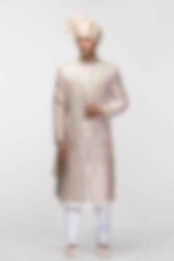 Beige Chanderi Silk Sequins Hand Embroidered Wedding Sherwani Set by ASUKA at Pernia's Pop Up Shop