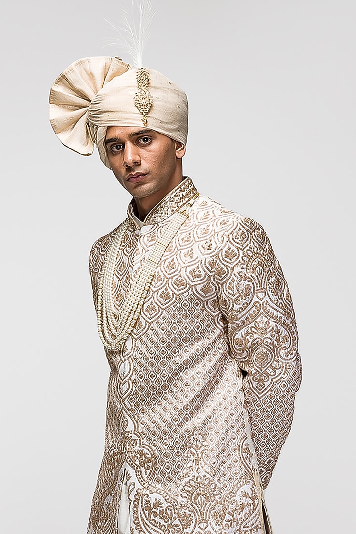 Beige Chanderi Silk Sequins Hand Embroidered Wedding Sherwani Set by ASUKA at Pernia's Pop Up Shop