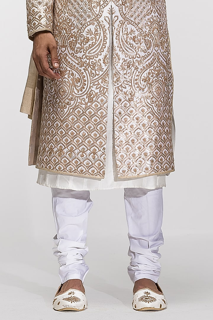 Beige Chanderi Silk Sequins Hand Embroidered Wedding Sherwani Set by ASUKA at Pernia's Pop Up Shop